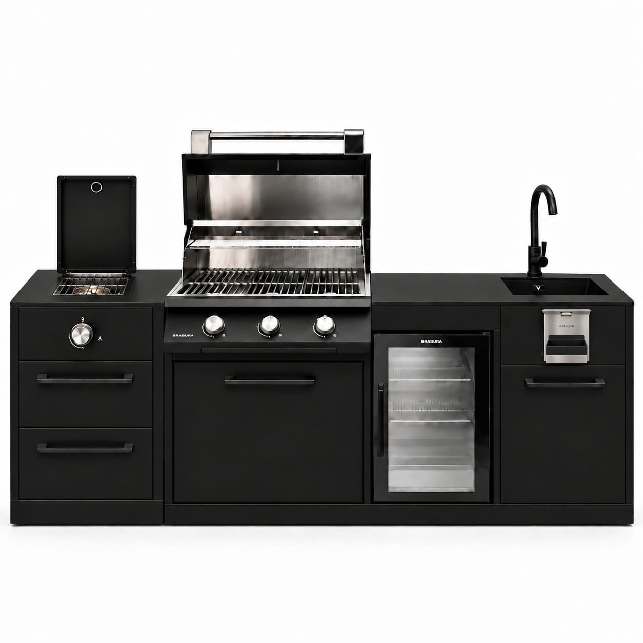 מטבח חוץ נייד 2.14 מטר עם גריל, כירת גז ומקרר – BRABURA COMPACT 300 + כירת גז